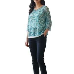 Larry Levine Blouse Seafoam Blue Green Keyhole Medium Elastic Hem Careerwear